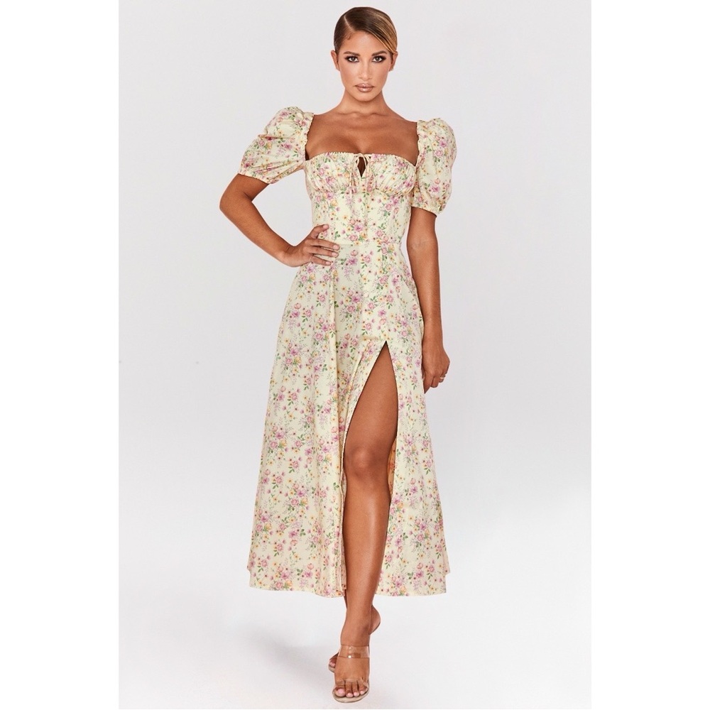 House of CB Tallulah Puff Sleeve Corset Midi Sundress in Lemon Floral - Picture 1 of 14